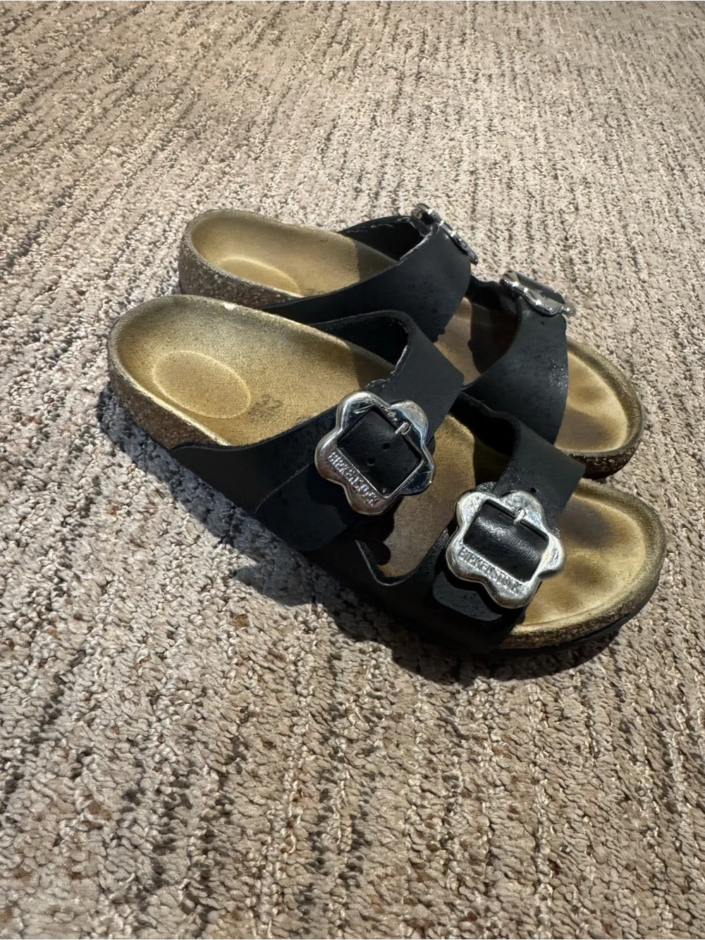 Birkenstock Kids Black Double-Strap Slide Sandals with Flower Buckles